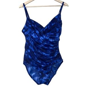 Aqua Green Womens Ruched Tie Dye One Piece SwimSuit Size L Crossover Modest Blue